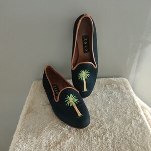 Zalo Black Loafers with Palm Tree Embroidery